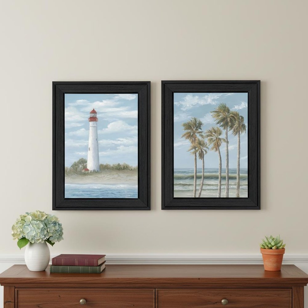 Set Of Two Cape May Lighthouse And Palm Trees Black Framed Wall Art