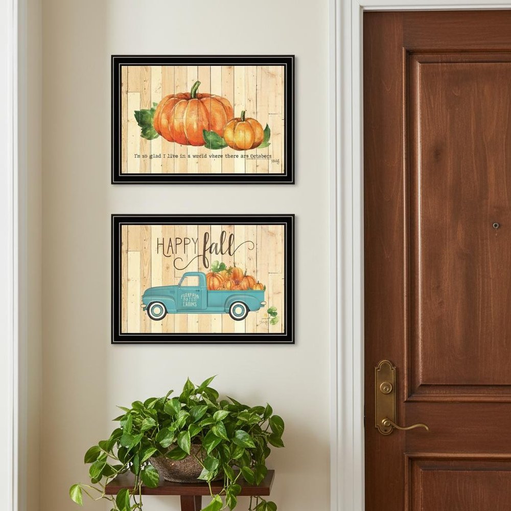 Set Of Two Happy Fall-October Pumpkins Black Framed Wall Art