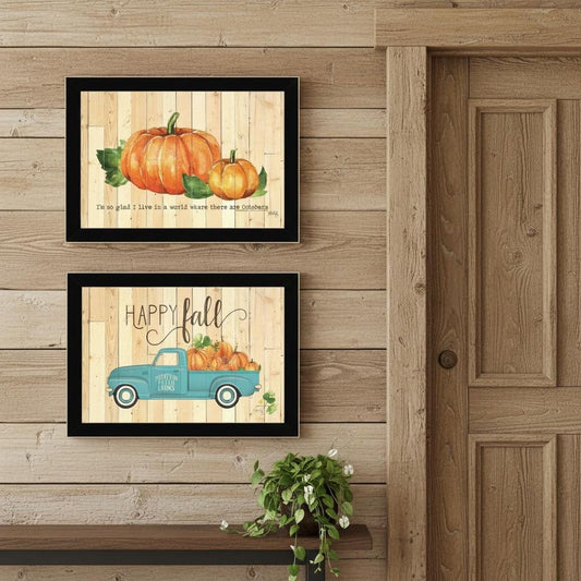Set Of Two Happy Fall-October Pumpkins Distressed Black Framed Wall Art
