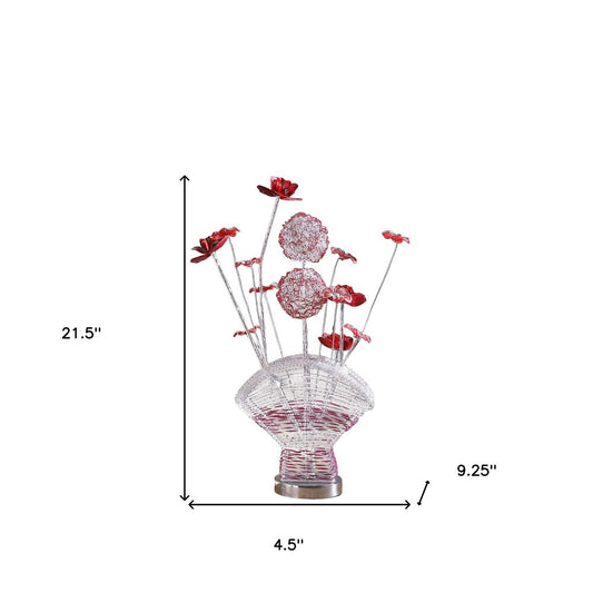22" Silver and Clear Metal and Acrylic Red Rose Bedside Lamp
