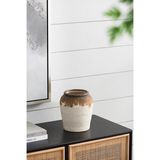 8" Ivory and Brown Ceramic Round Jug Vase