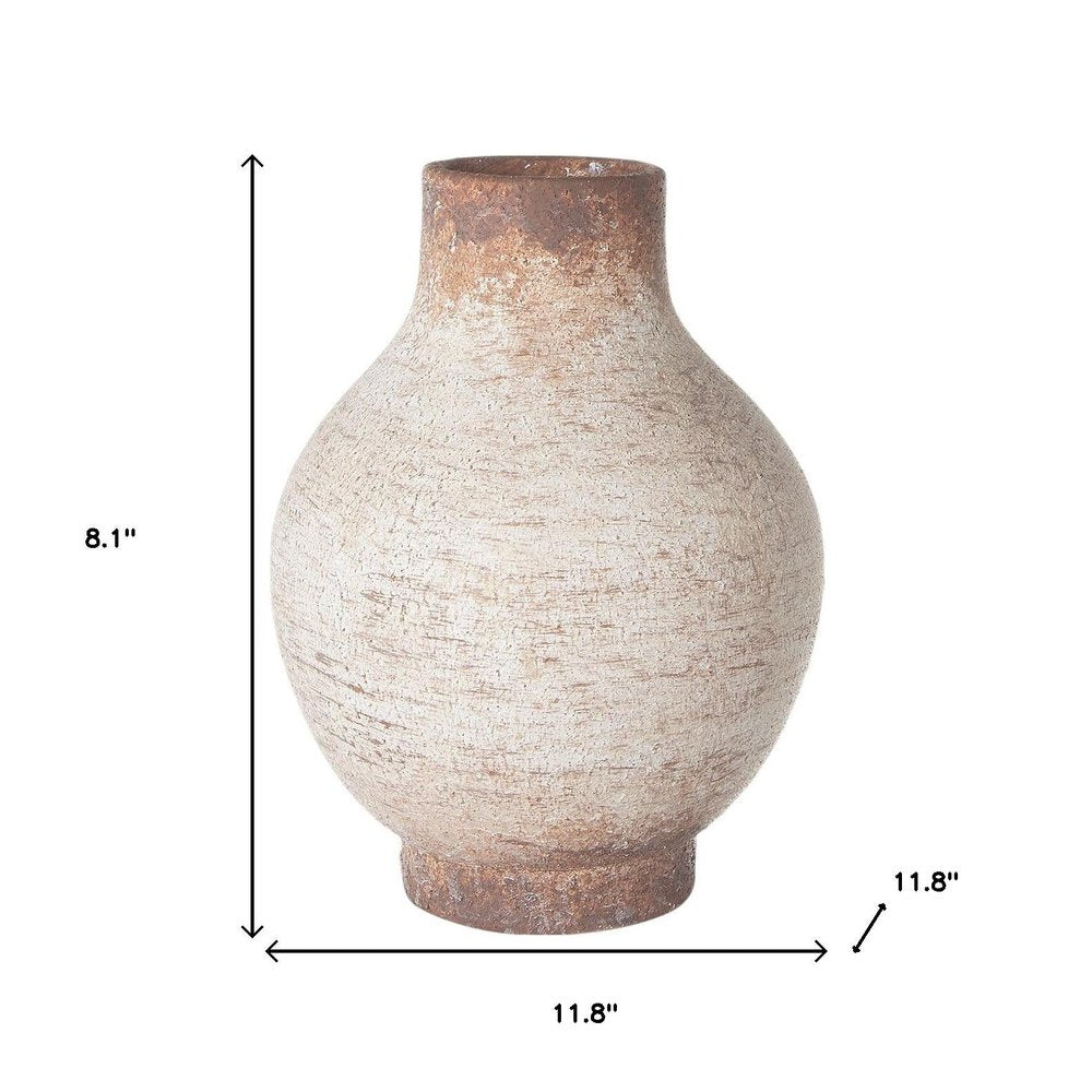 8" Ivory And Brown Round Ceramic Table Vase