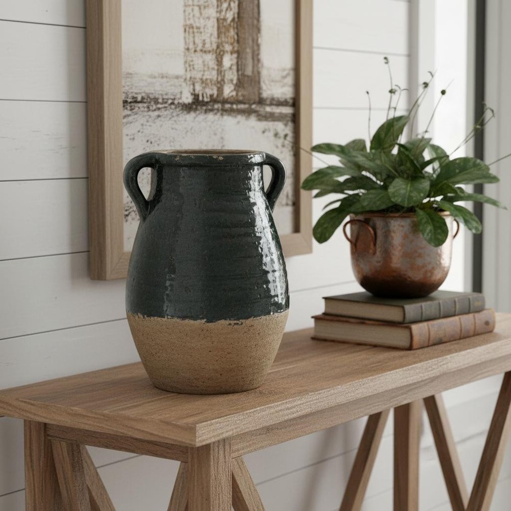 13" Dark Green Terracotta Round Jug Vase