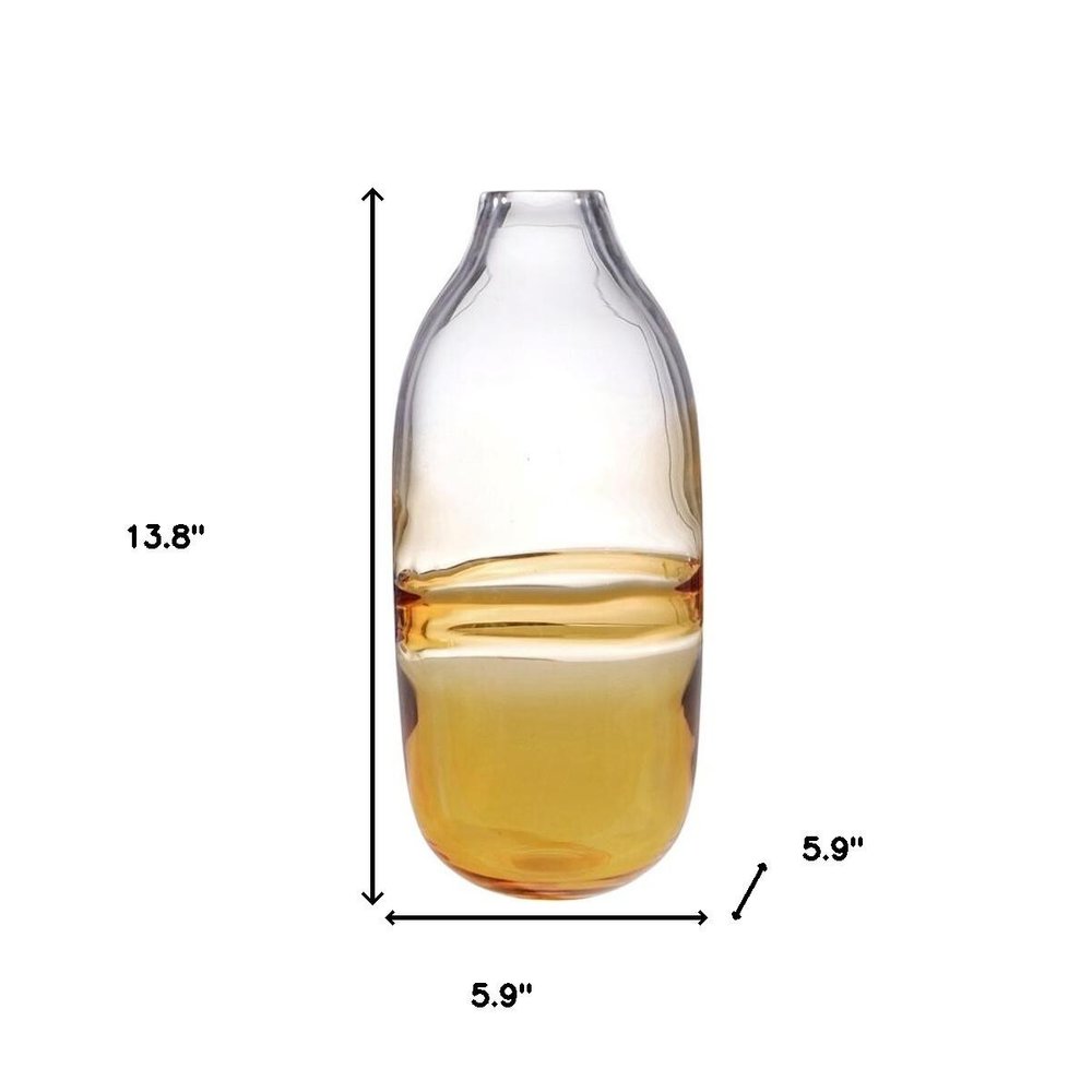 14" Clear And Amber Ombre Glass Round Table Vase
