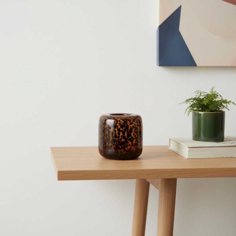 8" Amber And Black Animal Print Glass Round Table Vase