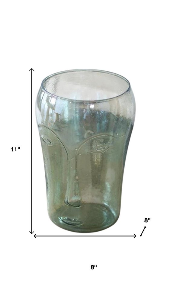 Set of Two Light Green Glass Modern Abstract Faces Table Vases