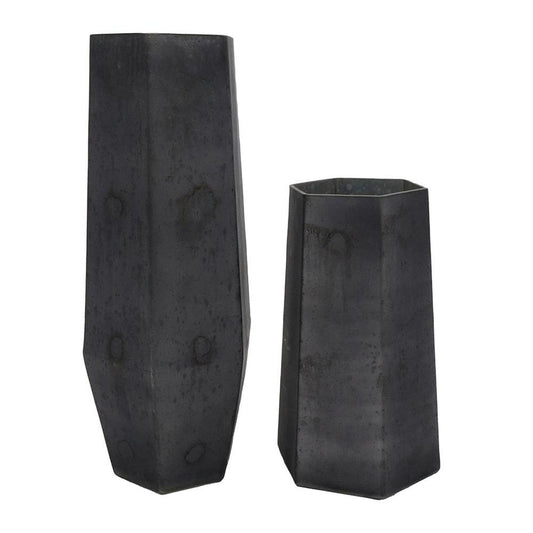 Set of Two Black Hexagonal Glass Table Vases
