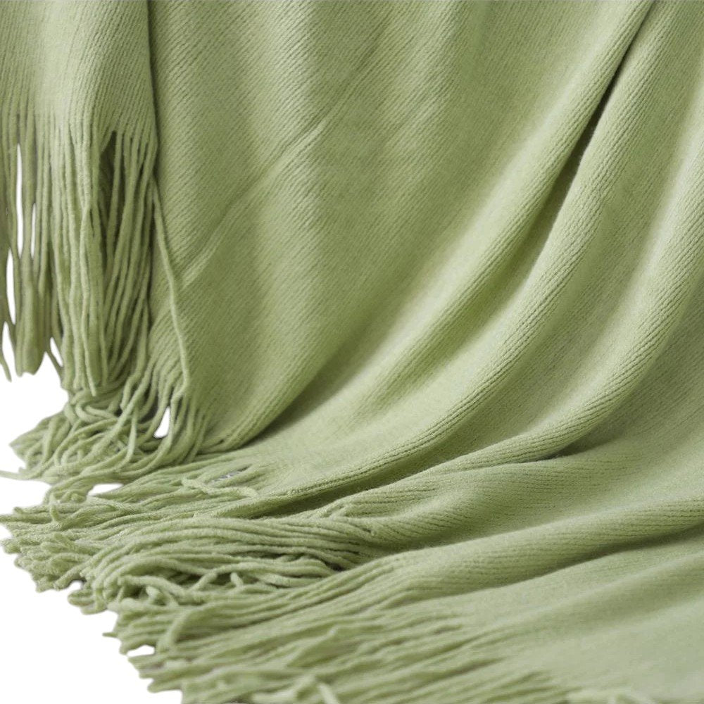 50" X 87" Green Knitted Throw Blanket with Fringe