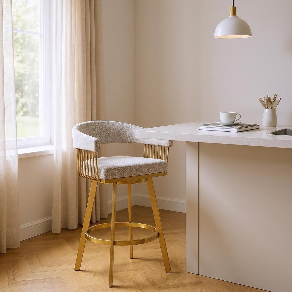26" Taupe and Gold Fabric and Stainless Steel Low Back Counter Height Swivel Bar Chair