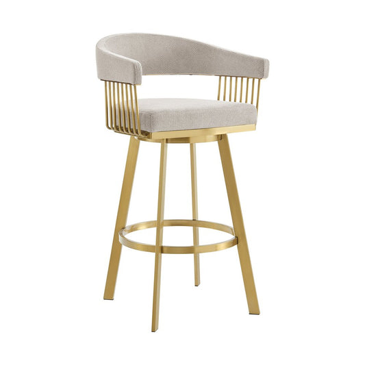 26" Taupe And Gold Fabric And Steel Low Back Counter Height Swivel Bar Chair
