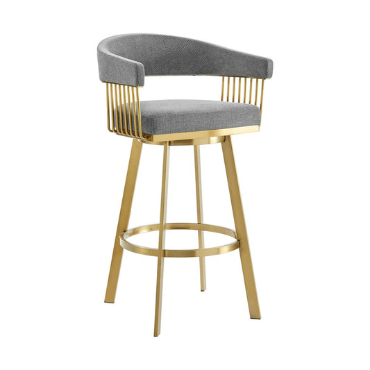30" Gray And Gold Fabric And Steel Low Back Bar Height Swivel Bar Chair