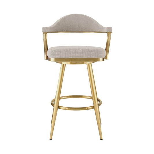 30" Taupe and Gold Fabric and Stainless Steel Bar Height Swivel Bar Chair