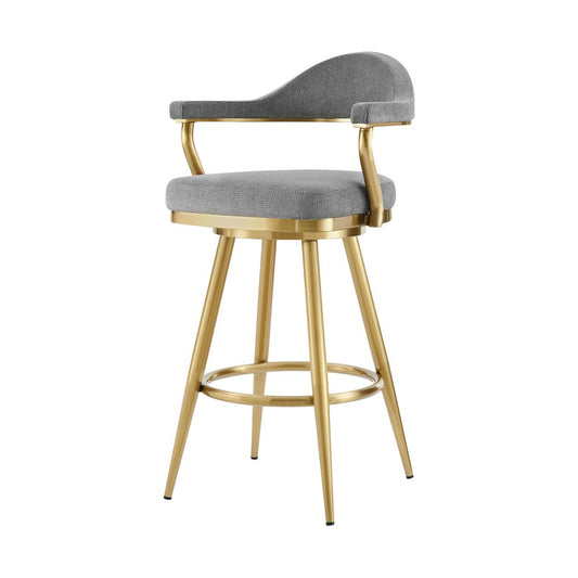 26" Gray and Gold Fabric and Stainless Steel Counter Height Swivel Bar Chair