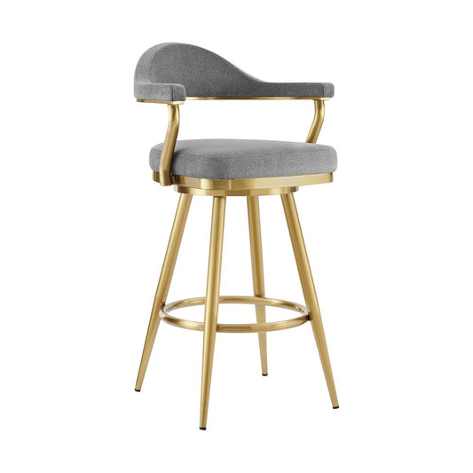 26" Gray And Gold Fabric And Steel Low Back Counter Height Swivel Bar Chair