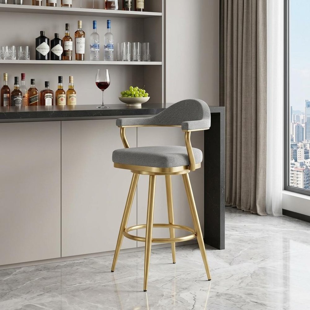 30" Gray and Gold Fabric and Stainless Steel Low Back Bar Height Swivel Bar Chair