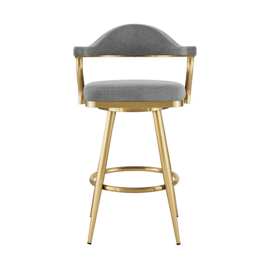30" Gray And Gold Fabric And Steel Low Back Bar Height Swivel Bar Chair