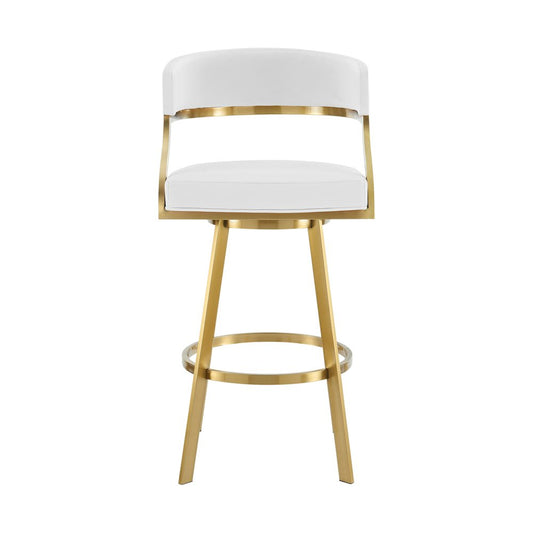 30" White and Gold Faux Leather and Stainless Steel Low Back Bar Height Swivel Bar Chair