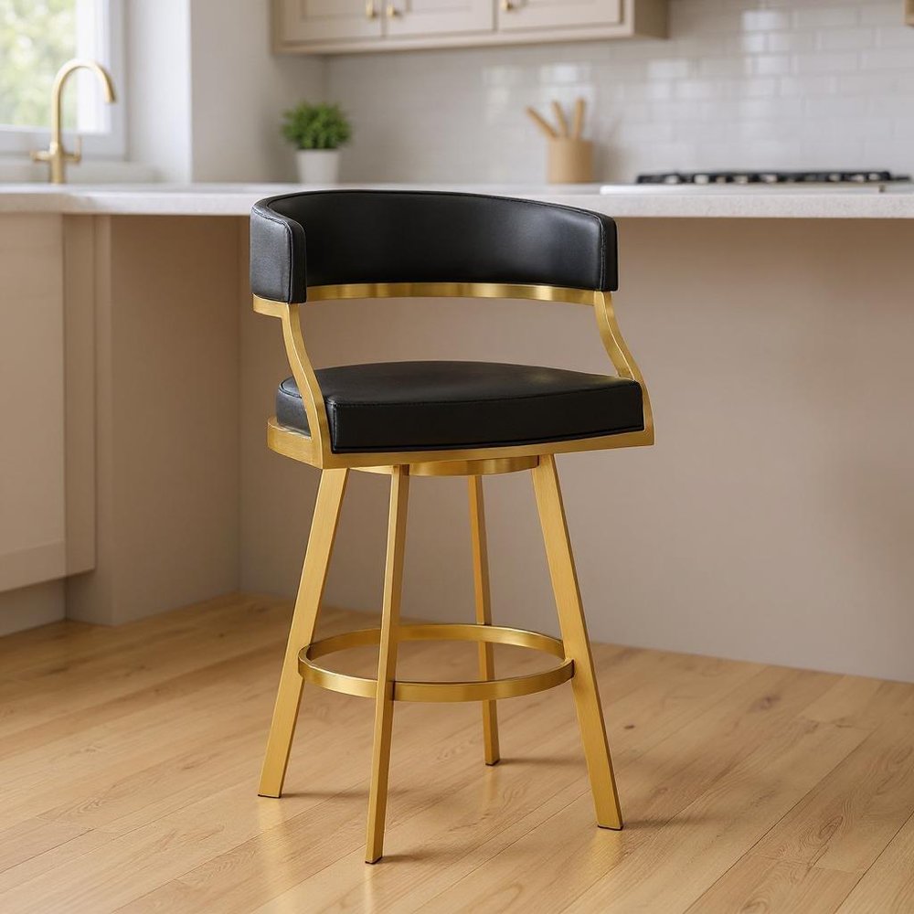 26" Black and Gold Faux Leather and Stainless Steel Low Back Counter Height Swivel Bar Chair