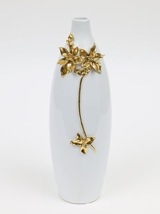 18" Gold Floral Oval Ceramic Table Vase With Sculptural Details