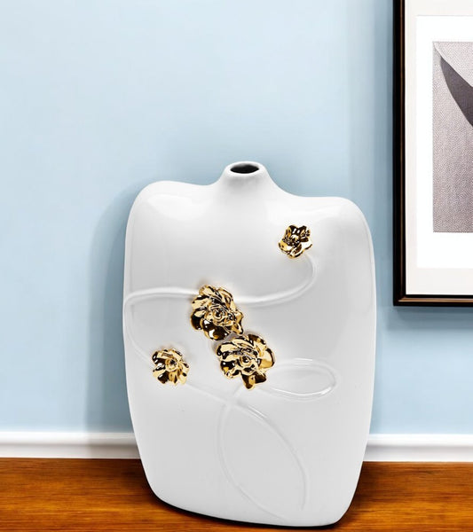 14" White Floral Ceramic Table Vase With Sculptural Details