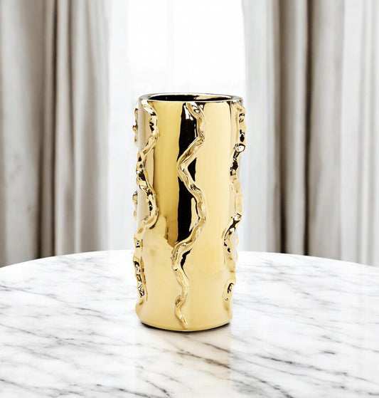 12" Gold Cylinder Ceramic Table Vase With Sculptural Details