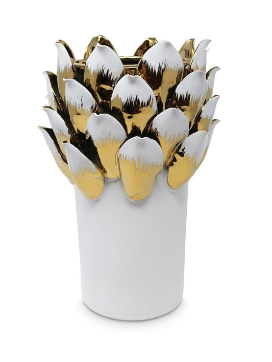 10" White Leaf Tulip Porcelain Table Vase With Sculptural Details