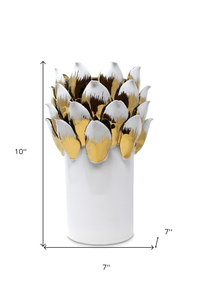 10" White Leaf Tulip Porcelain Table Vase With Sculptural Details