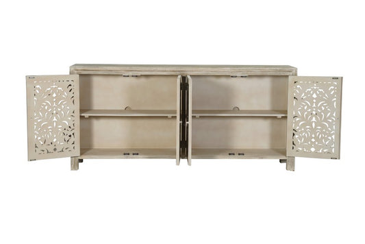 78" Gray Distressed Solid Wood Carved Floral Sideboard with Four Doors