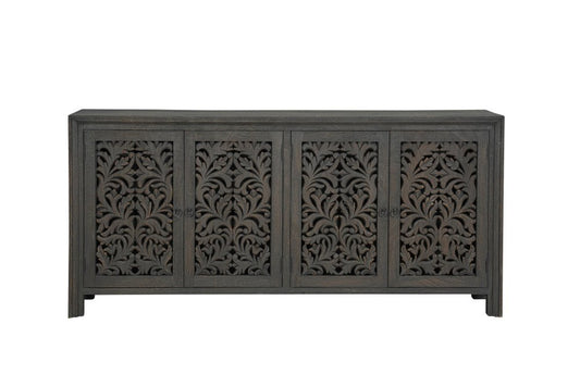 78" Black Distressed Solid Wood Carved Floral Sideboard with Four Doors