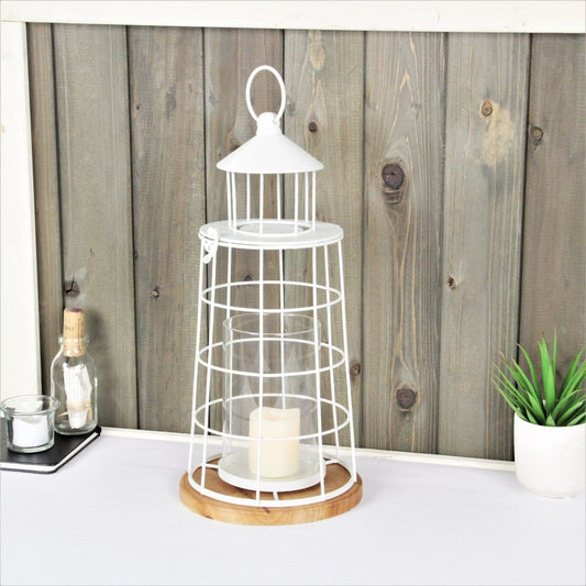 15" White And Natural Metal And Wood Lighthouse Tabletop Lantern Candle Holder
