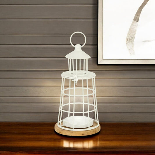12" White And Natural Metal And Wood Lighthouse Tabletop Lantern Candle Holder