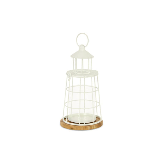 12" White And Natural Metal And Wood Lighthouse Tabletop Lantern Candle Holder