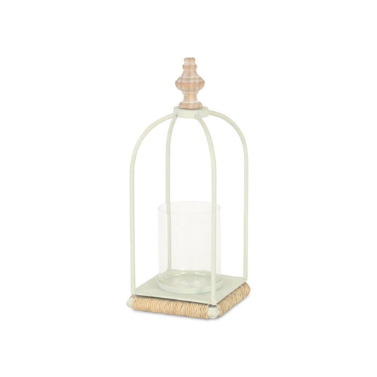 14" White Metal With Wood And Rope Tabletop Lantern Candle Holder