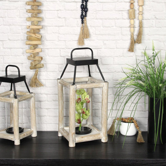 18" Black And Natural Distressed Glass Metal And Wood Tabletop Lantern Candle Holder