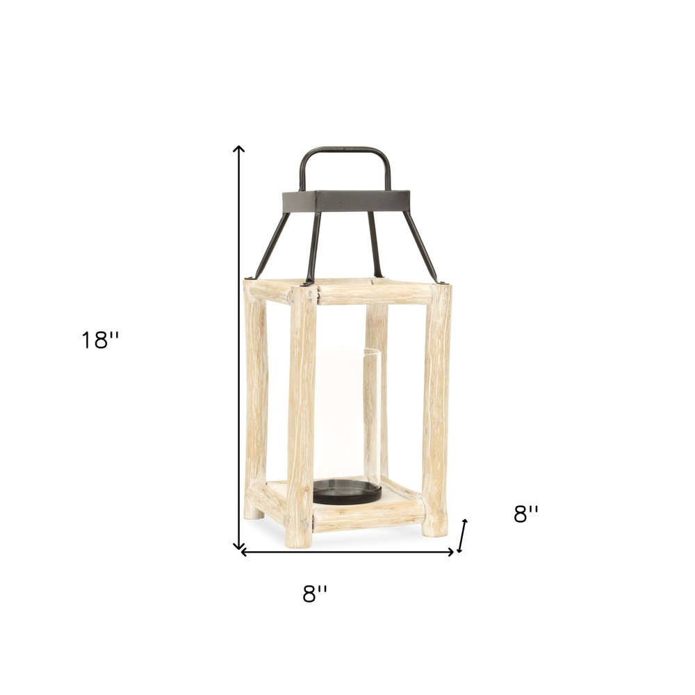 18" Black And Natural Distressed Glass Metal And Wood Tabletop Lantern Candle Holder