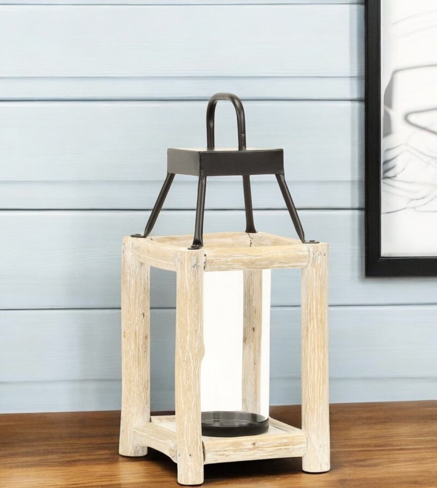 15" Natural And Black Glass Metal And Wood Tabletop Lantern Candle Holder
