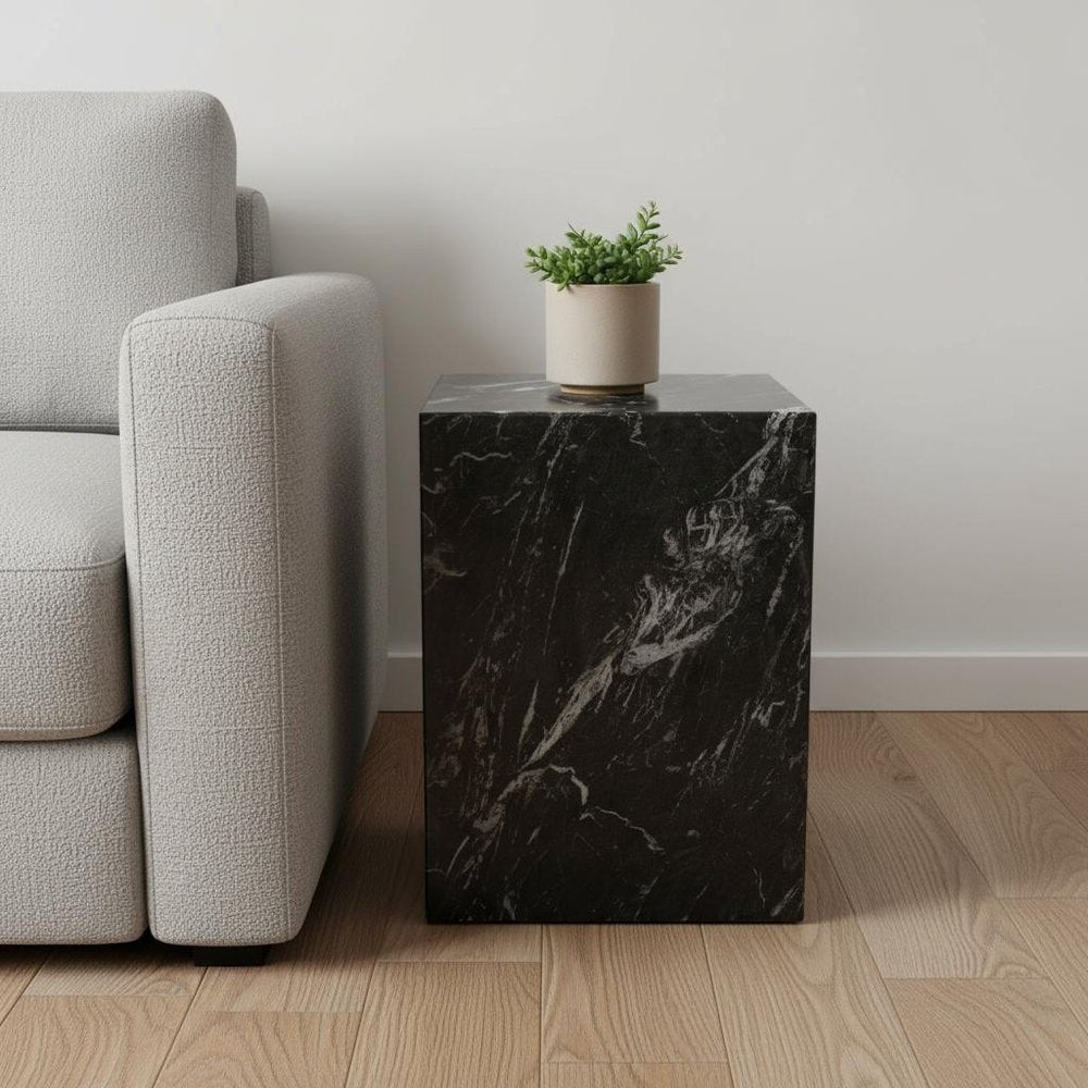 20" Black Marble Square Block End Table