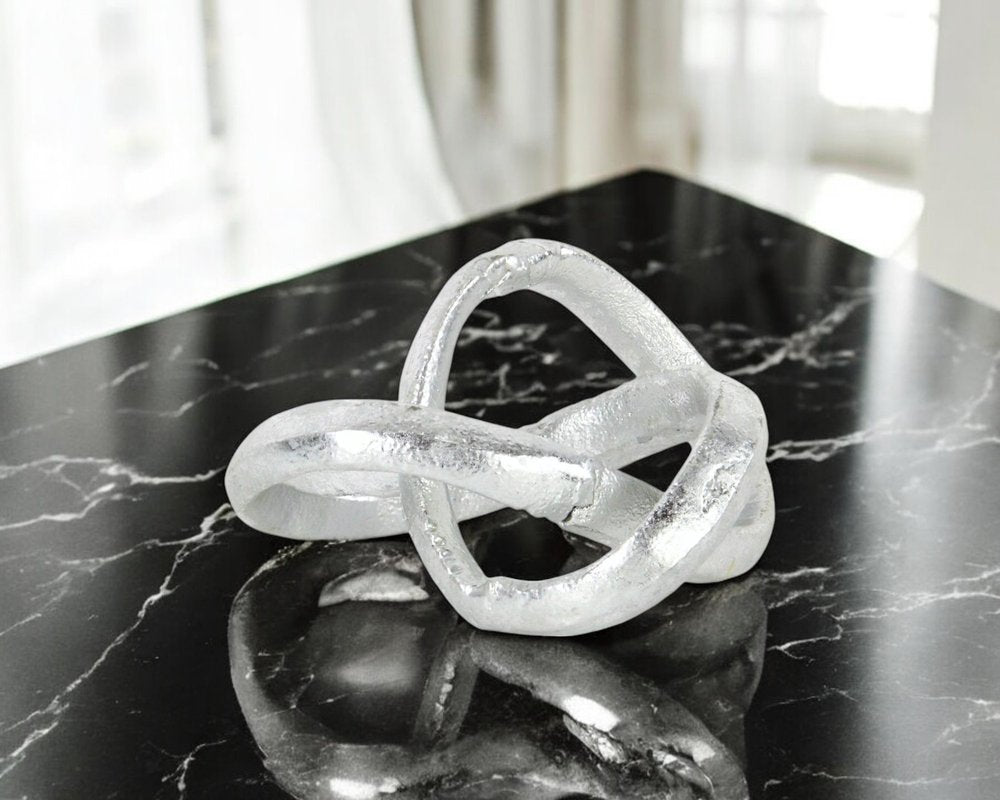 6" Silver Cast Iron Modern Abstract Infinity Knot Tabletop Sculpture