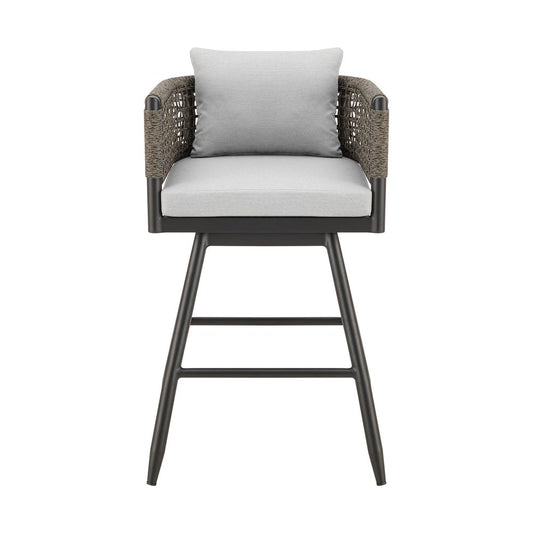 30" Black and Light Gray Aluminum Swivel Rope Back Outdoor Bar Height Chair with Footrest