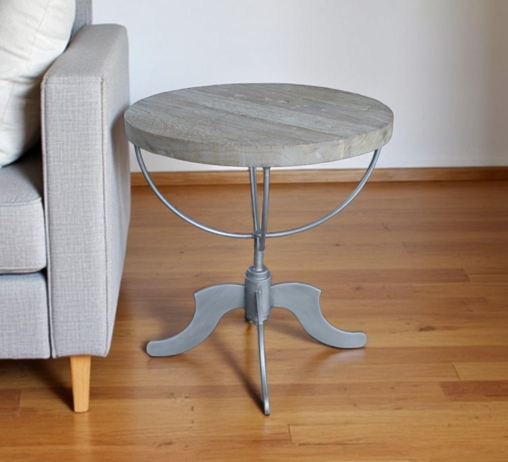 30" Brown Reclaimed Wood and Iron Round Pedestal End Table
