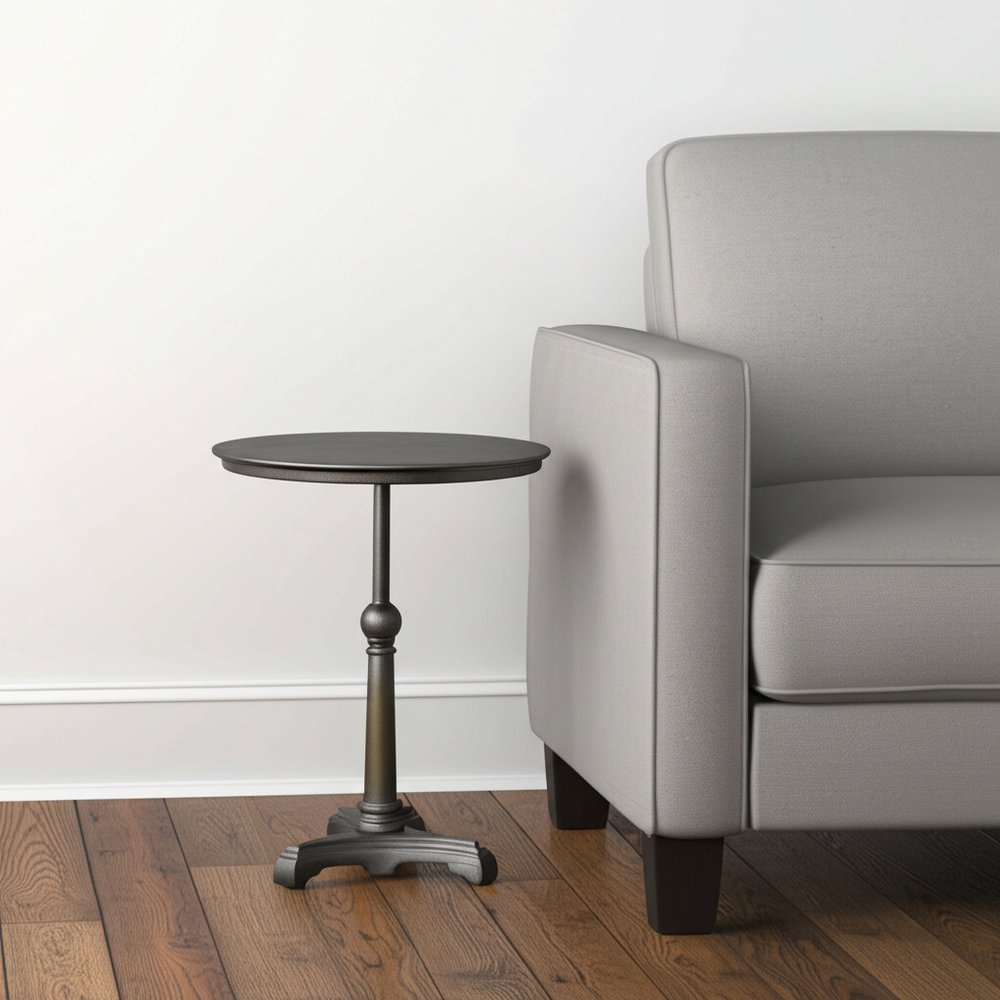 30" Brown Iron Round Pedestal End Table