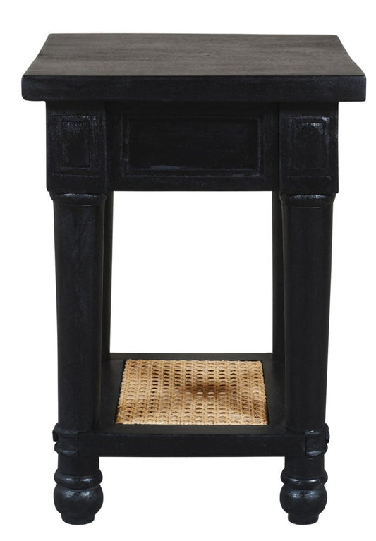 20" Black And Natural Solid Wood And Cane Square End Table With Shelf