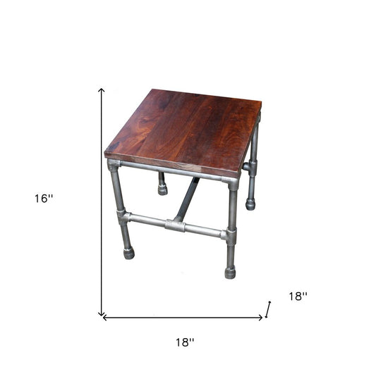 16" Brown and Silver Distressed Solid Wood and Iron Square End Table