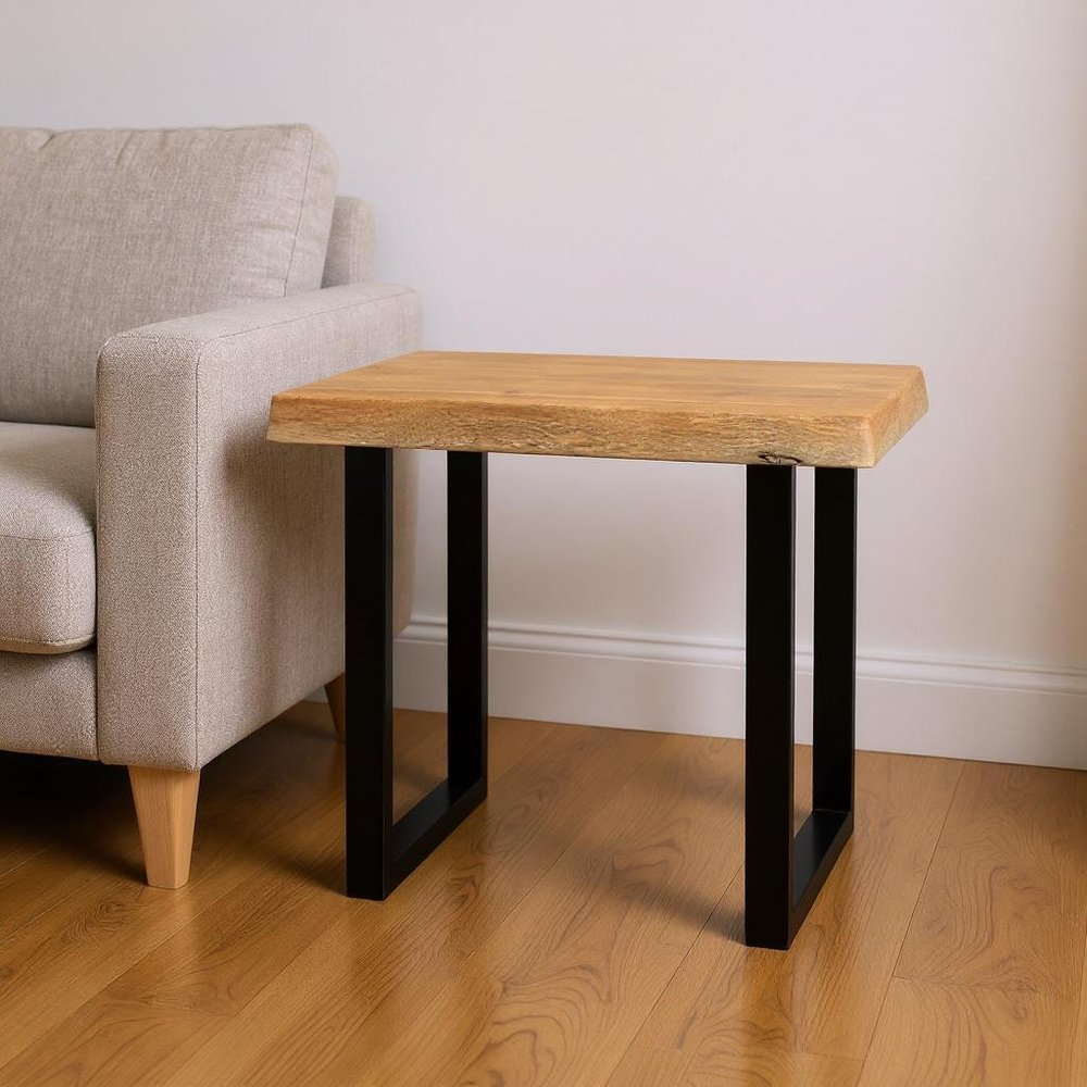 24" Black And Natural Distressed Solid Wood And Iron Square End Table