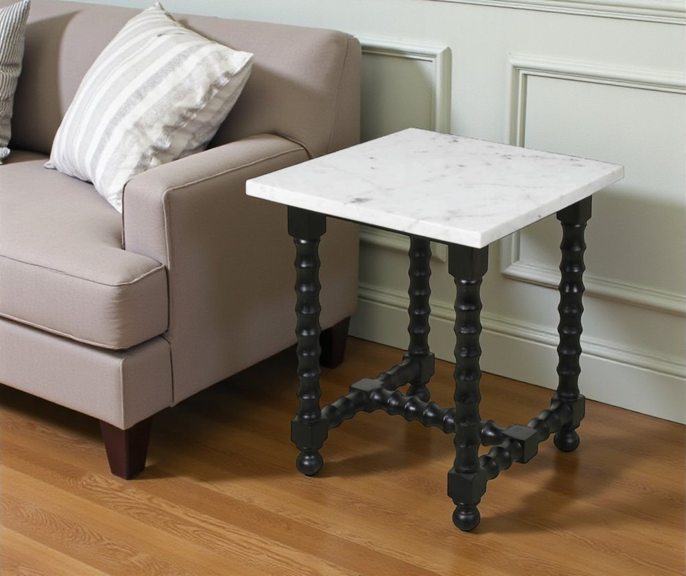 24" White and Black Marble and Solid Wood Square Trestle End Table