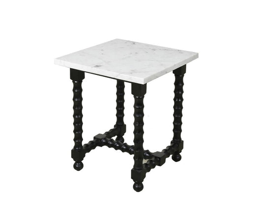24" White and Black Marble and Solid Wood Square Trestle End Table