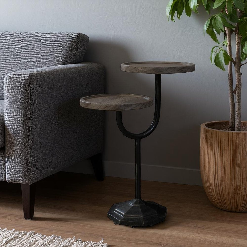 19" Natural and Black Solid Wood and Iron Round Double Tray Top End Table