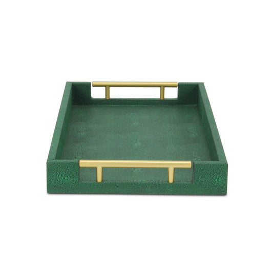 16" Green Wood Wood Faux Shagreen Serving Tray With Handles