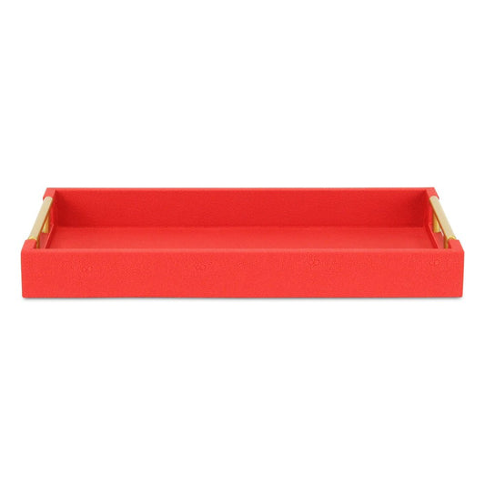 16" Red Wood and Vinyl Faux Shagreen Handmade Serving Tray With Handles