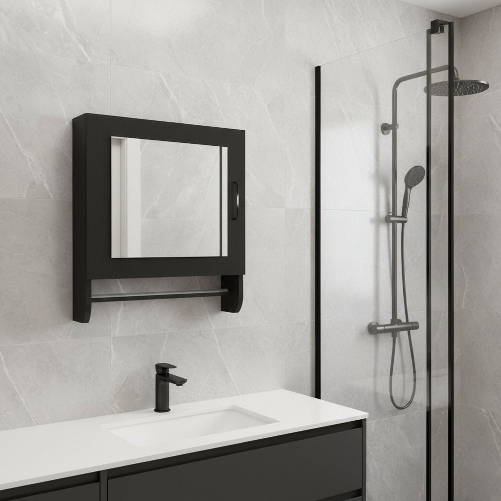 18" Black Wood, Metal Floating Bathroom Vanity And Medicine Cabinet With Mirror